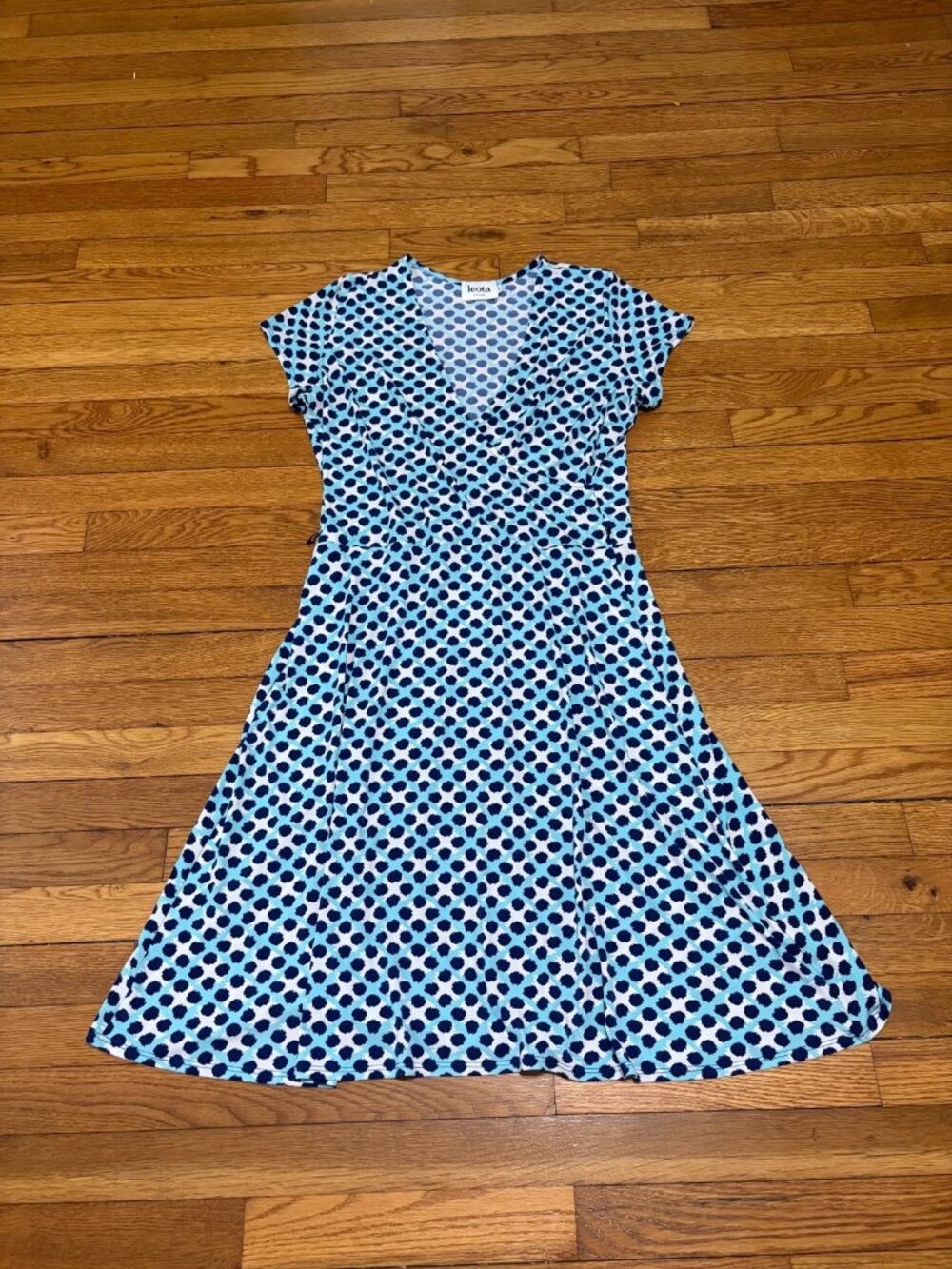 Leota Womens Dress Size XL Blue Polka Dot Fit Flare Below Knee Stretch Casual